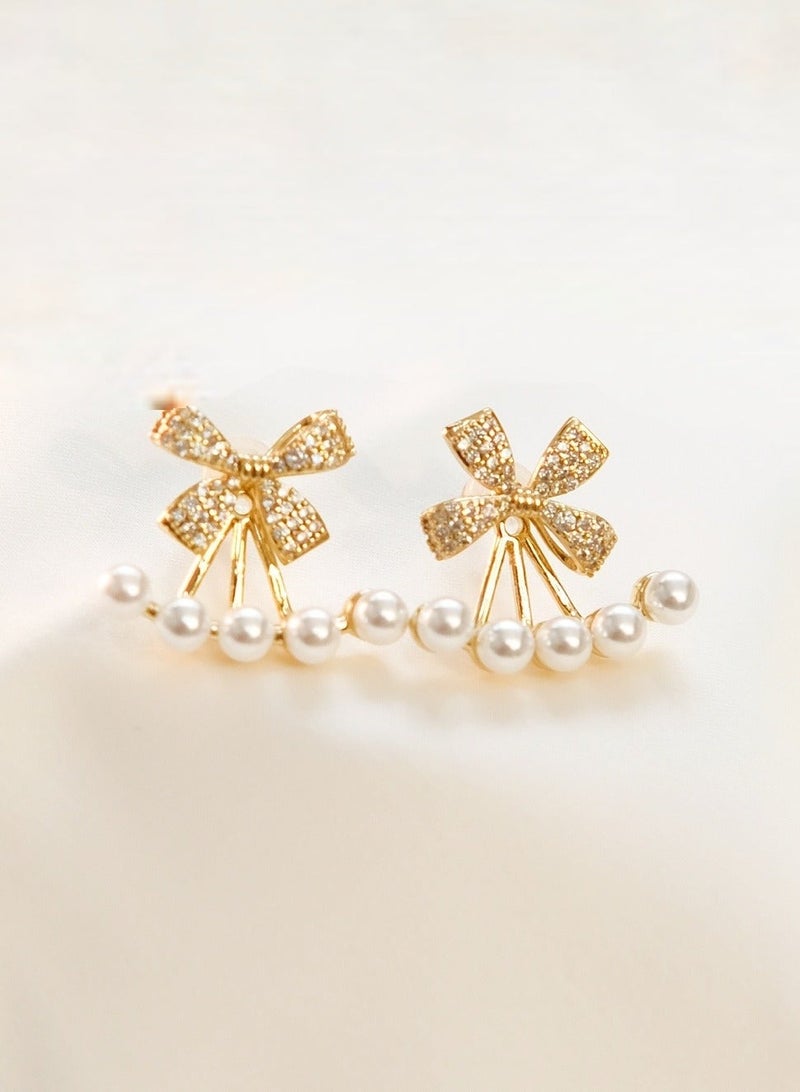 Lavida Classic French Pearl-Embellished Bow Double-Wear Design Earrings - Image 2